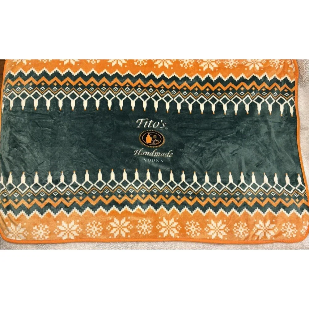 Tito’s Holiday 38” X 60” Blanket Throw Tito’s Handmade Vodka Green & Orange, EUC